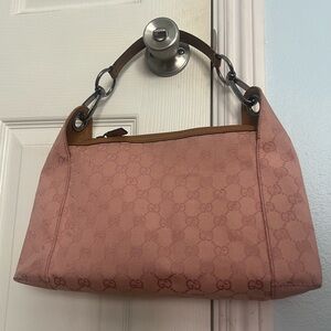 Gucci Horsebit Strap Hobo Shoulder Bag in Pink GG Canvas and Brown Leather